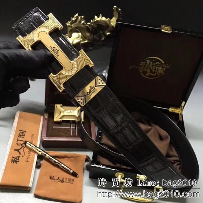 愛馬仕HERMES 純手工美洲鱷魚無拼接肚皮 高端男士皮帶 HHG1209